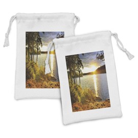 Ambesonne Landscape Fabric Pouch Set of 2, Sunset Dawn in the Forest over Lake of 2 Rivers Algonquin Park Ontario Canada, Small Drawstring Bag for Toiletries Masks and Favors, 9" x 6", Multicolor