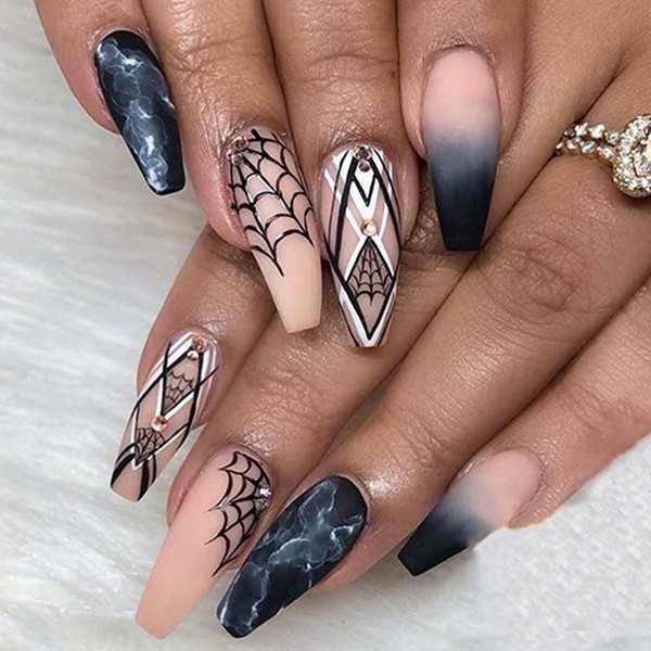 Outyua Halloween Nails Tips Coffin Press on Nails Nude Spider Web Print False Nails Matte Extra Long Designed Fake Nails Acrylic Full Cover Stick on Nails 24Pcs for Women and Girls (Spider web Nude)