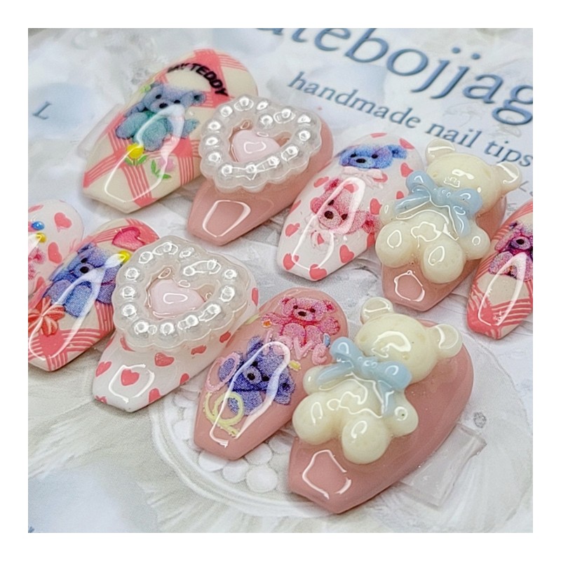 Teddy bear handmade nail tips - Coffin Egg / 테디