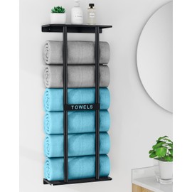 STWWO Bathroom Towel Storage Rack, Towel Racks for Bathroom Wall Mounted 30 inch with Shelf Can Holds 6 Large Towels, Wall Towel Rack for Rolled Towels, Black