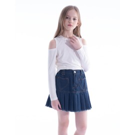 WELAKEN Pleated Jean Skirt for Girls Kids Elastic Waist Mini Denim Skirts with Heart Pockets