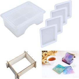TikooTik 2Pcs Coaster Resin Molds & Holder with 4Pcs Fixed Plates, Cup Mat Molds for Resin Epoxy Coaster Storage Box Silicone Mould Casting Making Resin Crafts, Home Decor (Square Molds)
