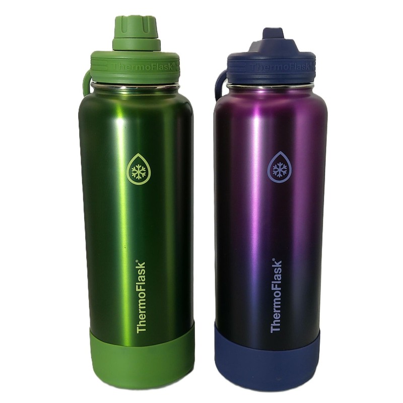 ThermoFlask Stainless Steel Water Bottle, 40 oz, 2-Pack (Purple/Green Brushed)