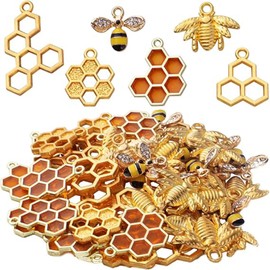 50pcs Honeycomb Bee Charms Enamel Rhinestone, 6 Styles Cute Alloy Honeybee Charms Pendants, Hollow Sweet Honey Charms for DIY Necklace Earrings Bracelet Keychains Jewelry Making Accessories