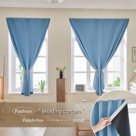 Jilron Magic Tape Stick on Portable Curtains for Windows,Bedroom Blackout Curtains for - Thermal Lnsulated Kitchen Room Darkening Black Small Drapes(1 Panels,35Wx48L inch-Sky Blue)
