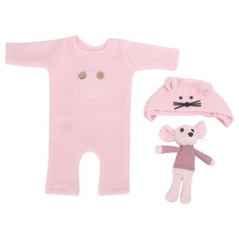 Baby Photography Outfit Soft SkinFriendly Knitted Rompers Cute Hat Mouse Doll Photo Prop Set(Pink Hat Doll Rompers)