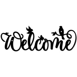 CREATCABIN Welcome Metal Wall Decoration, Black Words, Wall Hanging, Decor, Iron Wall Art, Cutout, Silhouette, Birds on Branches, Sculpture, Decoration, Sign, Ornament for Yoga, Garden, Balcony, 30 x