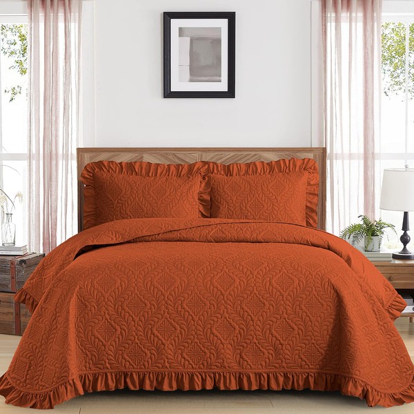 DJY Queen Quilt Set 3 Pieces, Lightweight Burnt Orange Bedspread