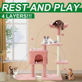 41 Inches Flower Cat Tree Tower with Scratching Post, Tall Cat Trees for Indoor Cats Large Adult, Multi-Level Cozy Plush Cat Houses & Condo Furniture with Top Perch, Cats Climbing Towers(Pink)