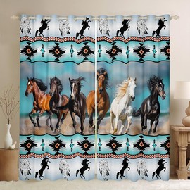 Horses Curtains Teal Southwestern Native Aztec Blackout Curtains,Western Animals Curtains & Drapes Ethnic Tribe Feather Window Curtains 84"X84",Bohemian Dreamcatcher Vintage Exotic Room Decor