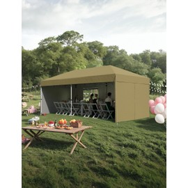 10x20 Pop Up Canopy Tent with 4 SideWalls, Heavy Duty Outdoor Canopy UPF 50+ All Season Waterproof Commercial Street Vendors Party Tents with Roller Bag, 8 Stakes & 6 Sandbags, Khaki