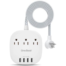 One Beat Desktop Power Strip with 3 Outlet 4 USB Ports 4.5A, Flat Plug and 5 ft Long Braided Extension Cords for Cruise Ship Travel Home Office, ETL Listed