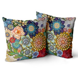 Snylcce Boho Floral Throw Pillow Covers Set of 2 Colorful Bohemian Flower Decorative Cushions Pillowcase for Bedroom Sofa Home Decor, 22x22 Inch, Velvet, Short Plush