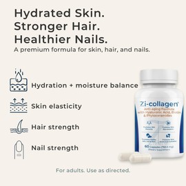 Zi-Collagen Marine Collagen Capsules for Skin, Hair & Nails Support – with Phytoceramides, Hyaluronic Acid, Biotin & Vitamins A C D3 E – 60 Capsules