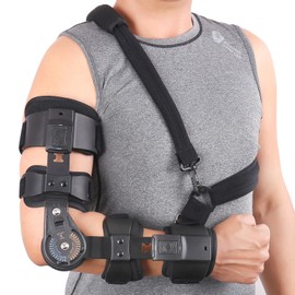 GHORTHOUD - Codera con bisagras para rodar – Soporte ajustable para codo postoperatorio, férula estabilizadora con correa, soporte de recuperación de lesiones en el brazo para hombres y mujeres (derecho, negro)
