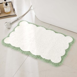 Ohocut Luxury Microfiber Bathroom Rugs, White Bath Rug with Sage Green Scalloped Piping Cute Aesthetic Spring Bath Mat for Bathroom, Tub, Floor Carpet, Sink, Shower, Anti Slip, Absorbent, 26x16