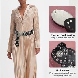 Suyi Wide Disc Belt for Women Leather Oval Belt Western Vintage Waist Belts 100CM Silver Black