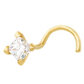 Jewelry Avalanche V-Prong Set Princess Cut Moissanite 14K Gold Nose Screw Stud - Unisex 22G Cork-screw Nose Ring Stud - April Birthstone, Metal, moissanite