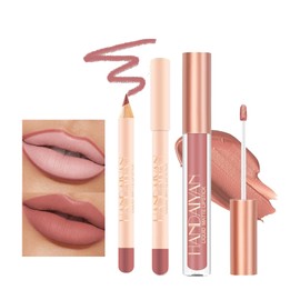 Lip Liner and Lipstick Set, Pink Lipstick Matte Lip Gloss Highly Pigmented Waterproof Lipgloss, Long Lasting Non-Stick Cup Lip Gloss & Lip Line Pencil Set For Women