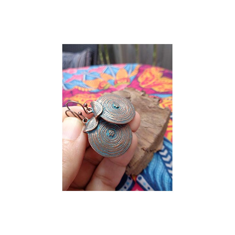 Grooved copper patina circles: small earrings