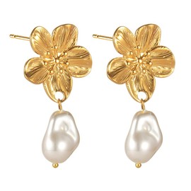Yimofy Pearl Earrings for Women 14K Gold Plated Flower Pearl Drop Earrings Dainty Gold Dangle Earrings Elegant Wedding Earrings for Brides