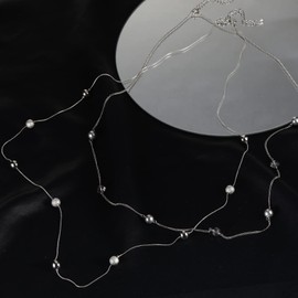 FULU AUTUMN Women's Statement Necklace Long Pearl Necklace Silver Chain Two Strand Fashion Jewellery Necklace Birthday Gift, Crystal Pearl, No Gemstone