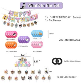 Cat Birthday Decoration, 2 Cute Cartoon Cat Birthday Banners, 16Pcs Cat Cupcake Toppers,20 Cat Balloons and 2 streamers for Pet Theme Birthday Party