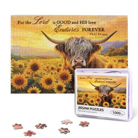 Highland Cow Sunflower Puzzles 1000 Pieces for Adults Cute Animal Flowers Piece Wooden Jigsaw Puzzles for Adults Family Game Motivational Toy Educational Birthday Gifts Challenging