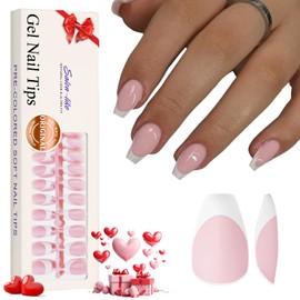 KQueenest Soft Gel French Nail Tips, 300 Pcs White French Tip Press on Nails Medium Short Coffin, Natural Fit Ballerina Fake Nails Kit, Pre-Applied Artificial Nails for Women Elegant Manicure, Pink