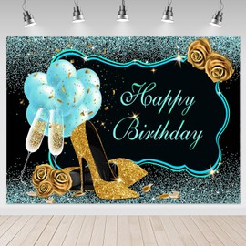 Mocsicka 7x5ft Teal Gold Happy Birthday Backdrop Turquoise Happy Birthday Woman's Birthday Photo Backdrops Sweet 16th 21st 30th 40th Birthday Photography Background