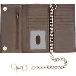 Long Trifold Leather Wallet for Men, Checkbook Cover, RFID Blocking chain wallet Card Slots, Zipper Coin Pocket - Biker Stainless Chain Design in the U.S.A, Brown J212B Side Slip Bill Slot, Trifold