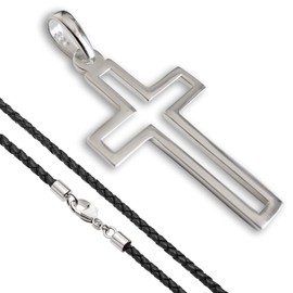 925 Sterling Silver Large Simple Cross Necklace for Men Women with Black Leather Cord 24" - Handmade