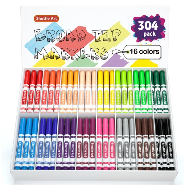 Shuttle Art 304 Pack Washable Markers, 16 Assorted Colors Broad Line Conical Tip Large Markers Bulk with a Box, Bonus Caps, Home Classroom School Supplies for Toddlers Kids Adults Students Teachers