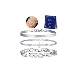 QINJIEJIE Cross Bracelet for Men, Mens Cross Bracelet Silver Stainless Steel Chain Religious Christian Bracelets Set for Men Dad Boyfriend