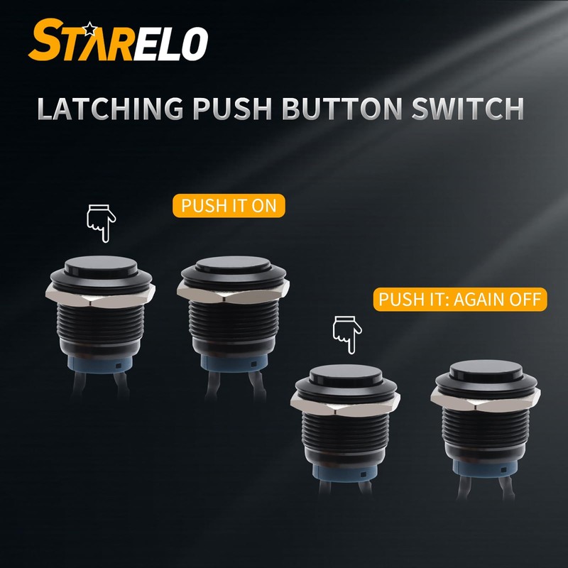 STARELO 5pcs 19mm Latching Push Button Switch Black Shell with