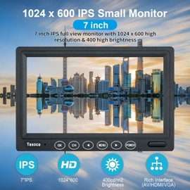 Yasoca 7 inch Small HDMI Monitor 1024x600 Resolution Small 1080P Portable IPS Monitor with Remote Control with Built-in Speakers HDMI VGA Input for Gaming CCTV Security Raspberry Pi PC