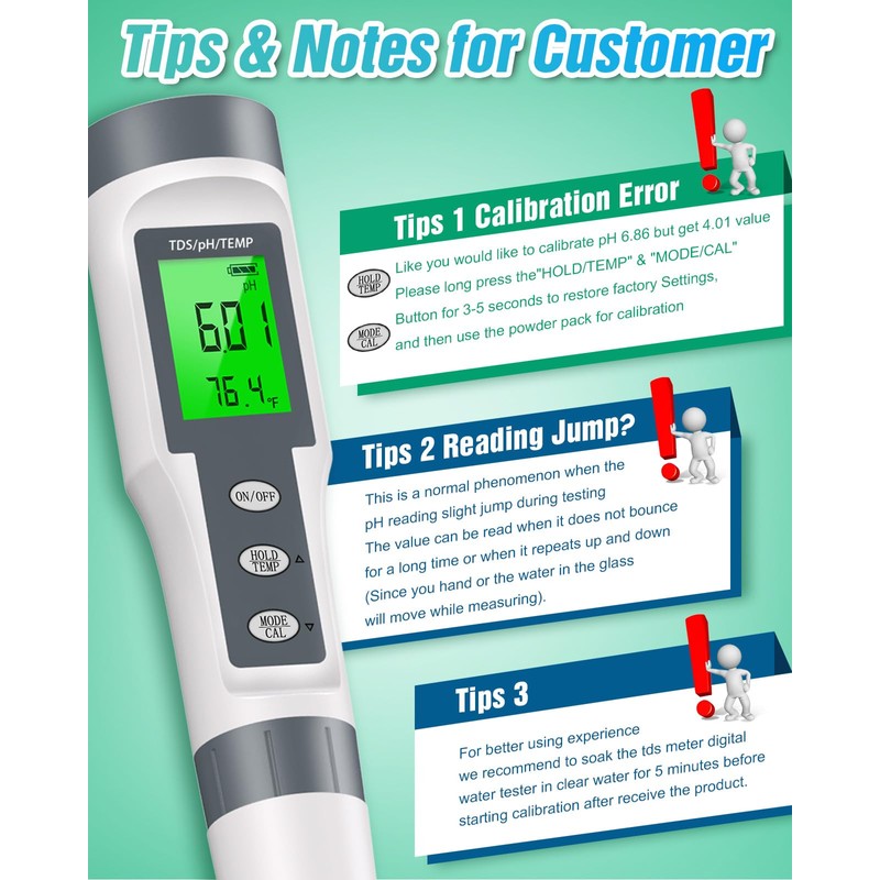 Digital pH Meter with TDS and Temperature Display, LCD Screen,