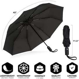 Needs & Wants® Large Windproof Black Umbrella Wind Resistant Compact Travel Automatic Rise Folding Umbrellas