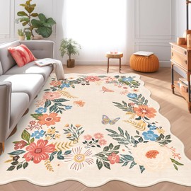 EZKLIN Washable Rugs 3x5, Stain Resistant 3x5 Area Rugs - Soft Low Pile Irregular Special-Shaped Wavy Floral 3x5 Rug Non Slip Rugs for Living Room, Bedroom, Entryway Indoor, Beige