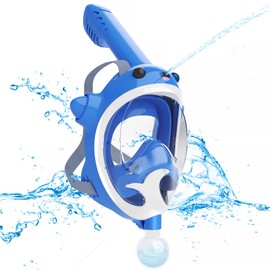 Kids Full Face Snorkel Mask with Water Blaster-Swimming Pool Toys -Snorkeling Gear for Kids Latest Dry Top Breathing System - 180 Degree Panoramic View-Anti-Leak Anti-Fog (Blue)