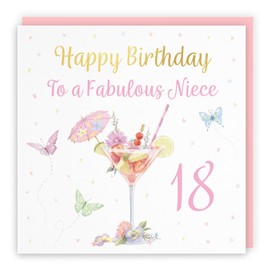 Hunts England - 18th Niece Pink Cocktail And Butterflies Birthday Card - Luxury Gold Foil - Milo's Gallery - Age 18 Drinks, Flowers, Hearts Birthday Card For Niece - Birthday Card For 18 Year Old