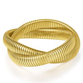 Emibele Twisted Bangle Bracelet, 2 Layers Chunky Stainless Steel Non Tarnish 18K Gold Plated Bracelet Stack, Flexible Stretch Wide Wristband Bangle Triple Layered Snake Chain Bracelet for Women, Gold