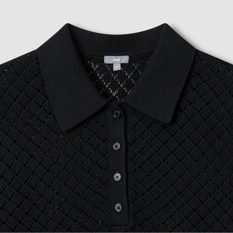 JAJU Women's Crochet Collar Short Sleeve Knit_Black