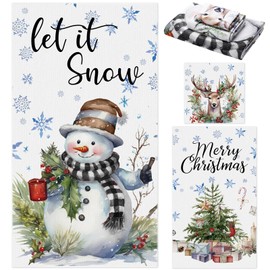 Preboun 3 Pcs Christmas Bathroom Towels Set Snowman Hand Towels for Bathroom Snowflake Bath Towels Christmas Tree Dish Towels Watercolor Reindeer Washcloth for Bathroom Kitchen Hotel Beach Gym Spa