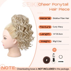 Cheer Ponytail Hair Piece, Lightweight Curly Cheerleader Hairpiece Realistic Natural Soft 14" Ponytail Extension for Cheerleader Competition Dance for Girls Teens Ash Blonde with Light Blonde