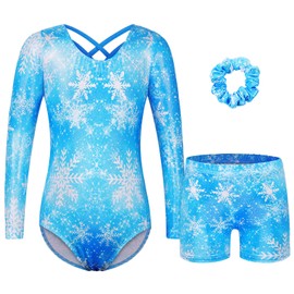 BAOHULU Gymnastics Leotards for Girls Long Sleeve Sparkly Dance Outfit with Matching Shorts Set KHB399_SnowflakeBlue_5A