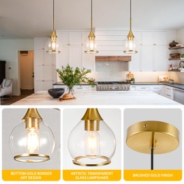 1-Piece Island Light for Kitchen, 1-Light Gold Kitchen Island Hanging Pendant Light, Brushed Gold Dining Room Light Fixture Over Table with Clear Round Glass Shades
