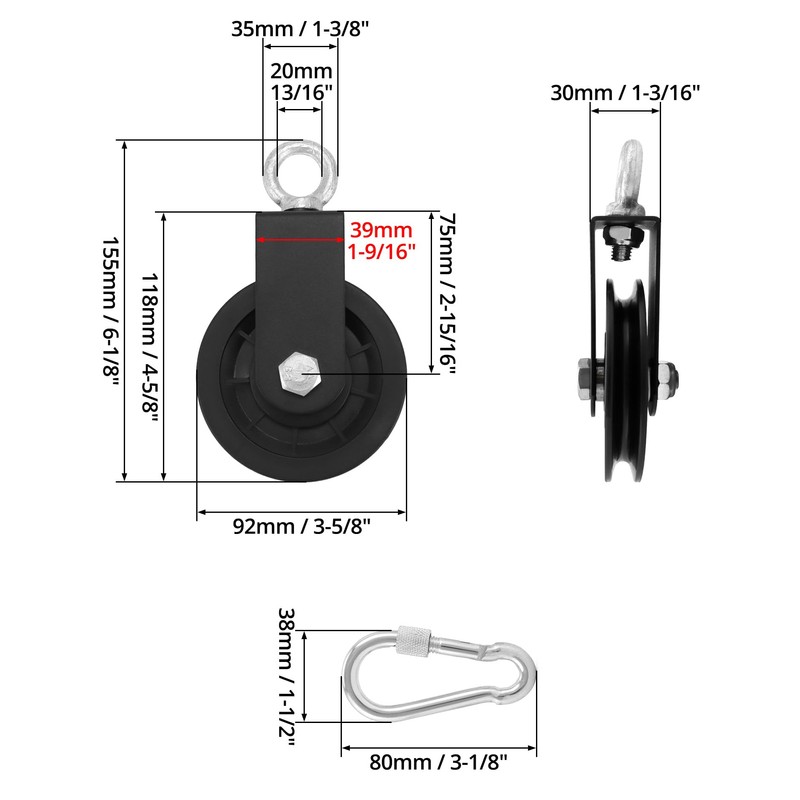 QWORK® 2 x 90 mm pulley with swing strap, carabiner