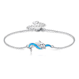 MONGAS Dolphin Anklet Sterling Silver Opal Wave Dolphin Link Anklet Ocean Jewelry for Women