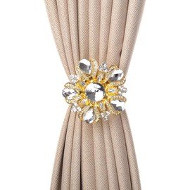 SUQ I OME Luxury Big Crystal Magnetic Curtain Tieback Holdback Flower Curtain Clips Buckle Holder with Stretchy Wire Rope for Home Office Decoration(Gold A,2PCS)